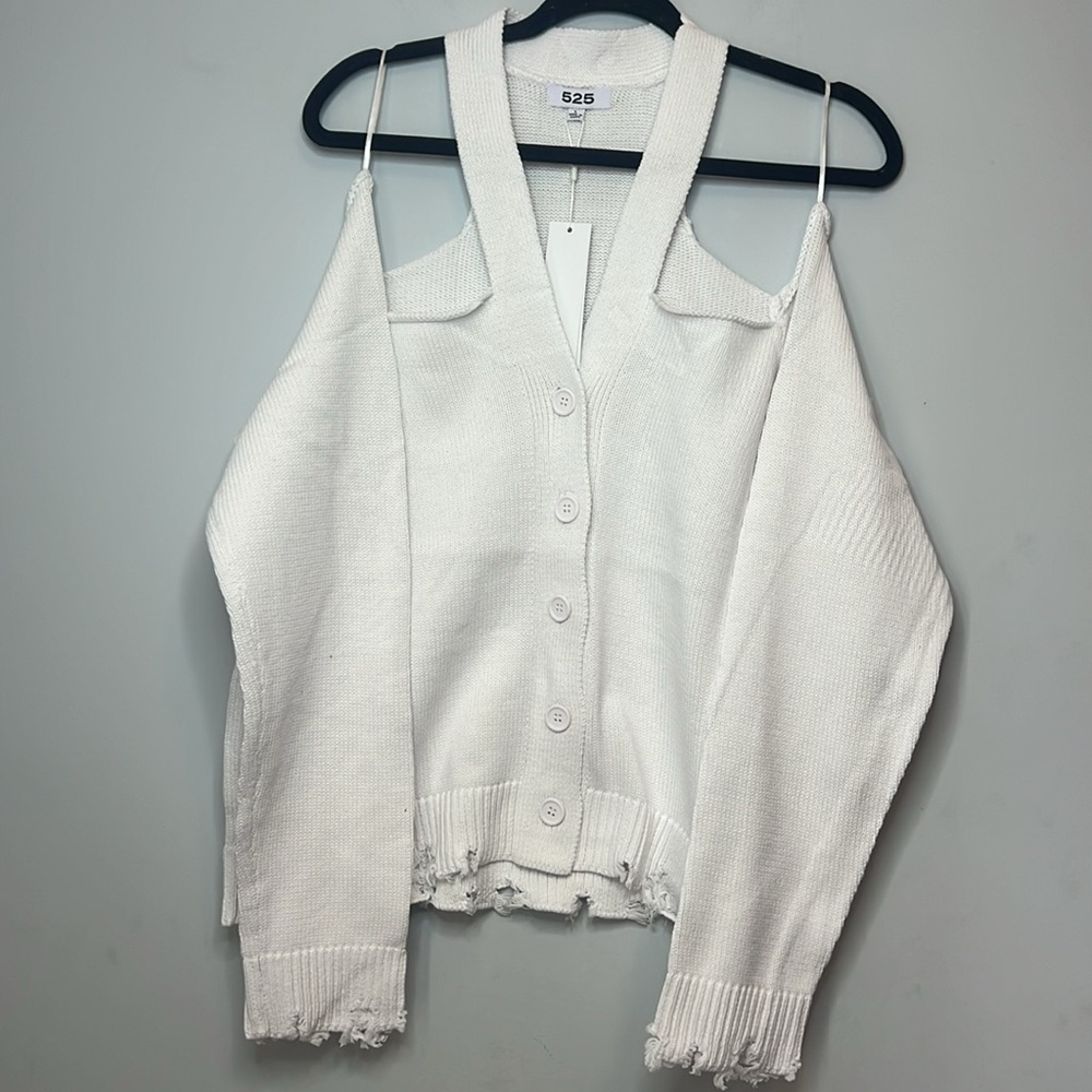 NWT 525 America Women's Off-Shoulder White Cardigan Sweater Raw Hem Size Large